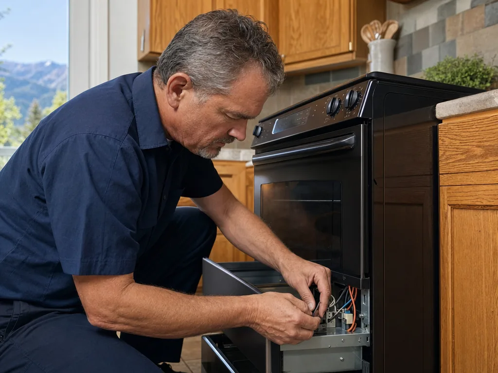 Technician servicing an Amana appliance in a Denver home