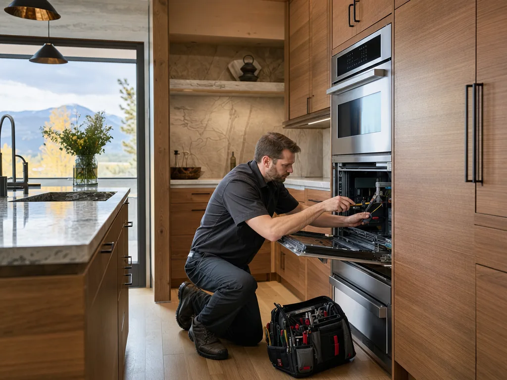 Technician servicing a kitchen appliance in a Arvada, Colorado home