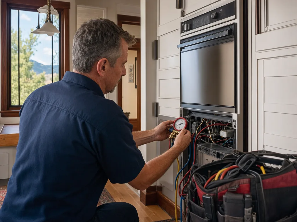Technician servicing a kitchen appliance in a Boulder, Colorado home