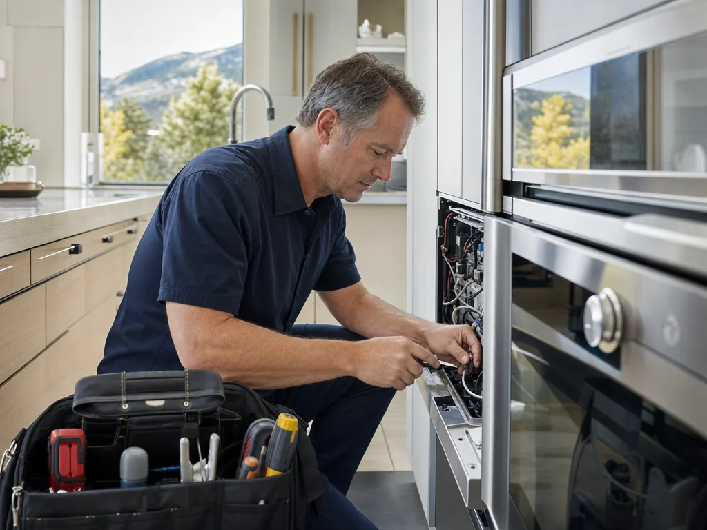 Technician servicing a kitchen appliance in a Bow Mar, Colorado home