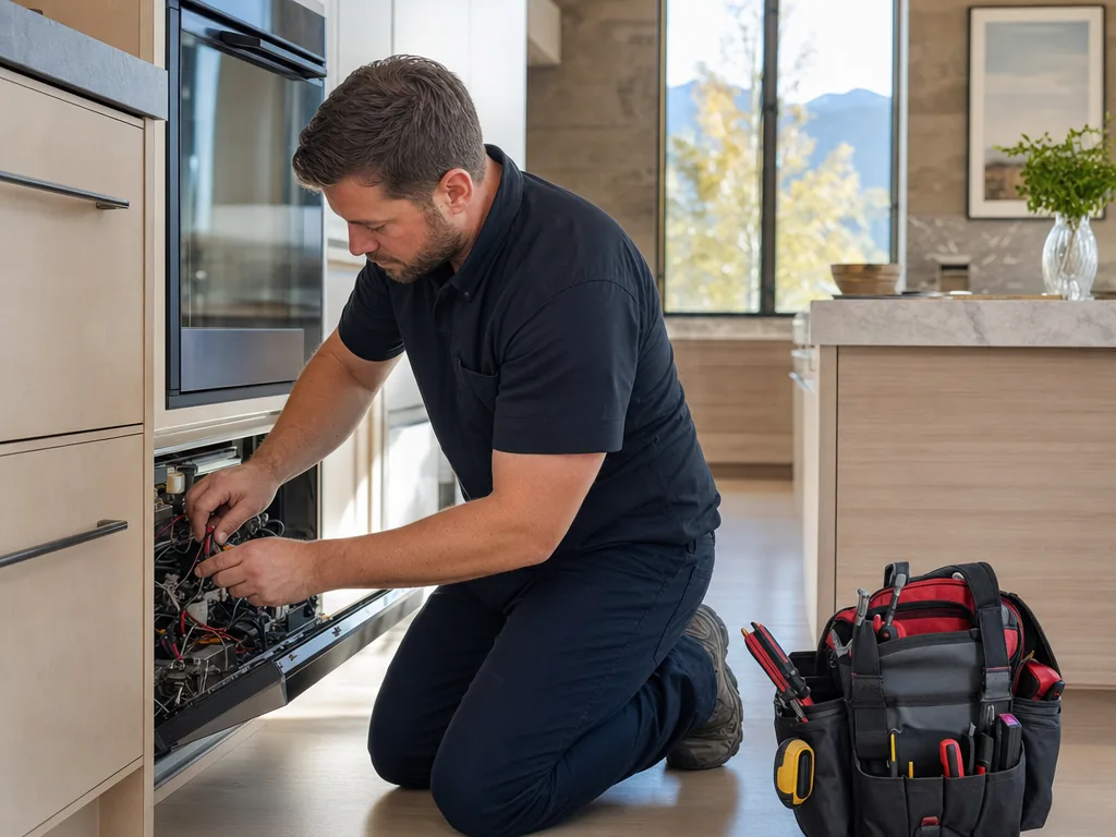 Technician servicing a kitchen appliance in a Broomfield, Colorado home