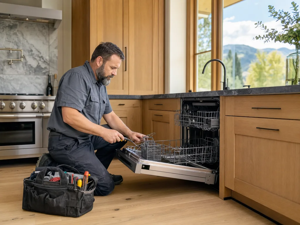 Technician servicing a kitchen appliance in a Castle Pines, Colorado home
