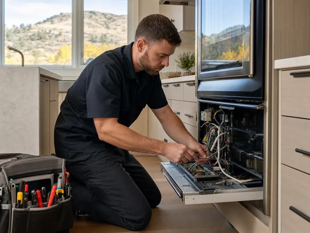 Technician servicing a kitchen appliance in a Castle Rock, Colorado home