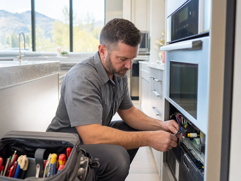 Technician servicing a kitchen appliance in a Centennial, Colorado home