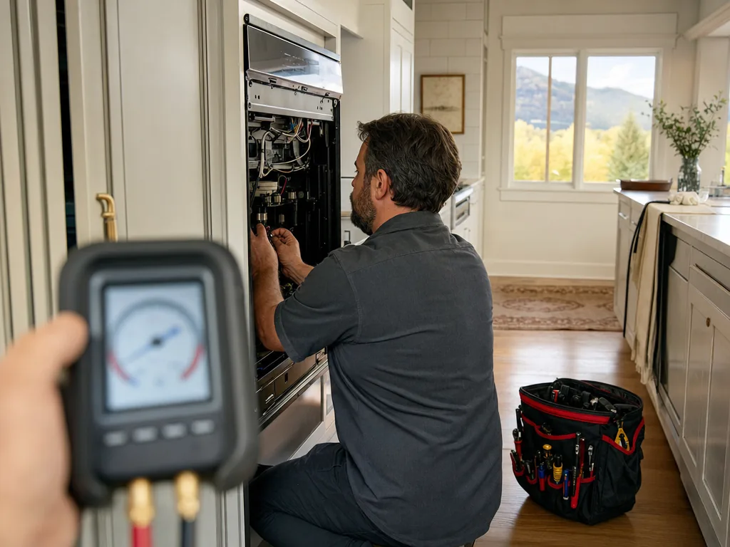 Technician servicing a kitchen appliance in a Cherry Hills Village, Colorado home