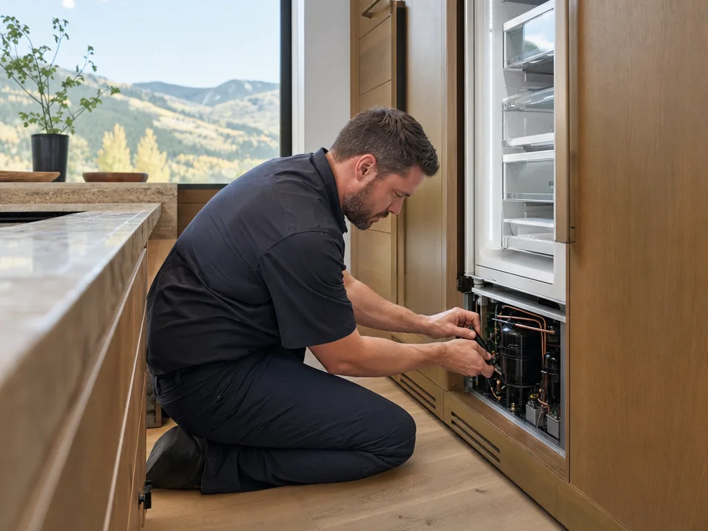 Technician servicing a built-in refrigerator in a Denver kitchen