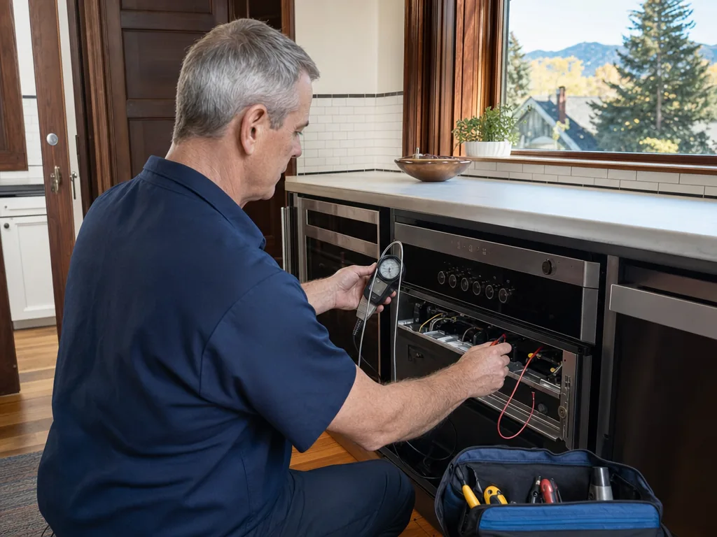 Technician servicing a kitchen appliance in a Englewood, Colorado home