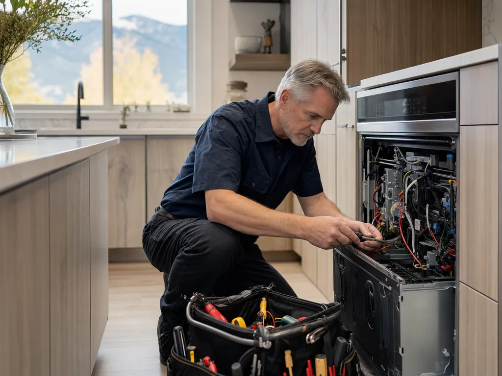 Technician servicing a kitchen appliance in a Erie, Colorado home