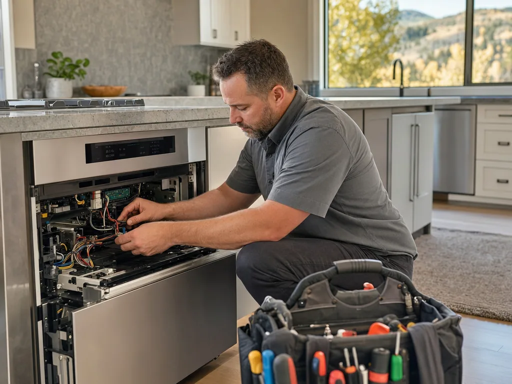 Technician servicing a kitchen appliance in a Evergreen, Colorado home