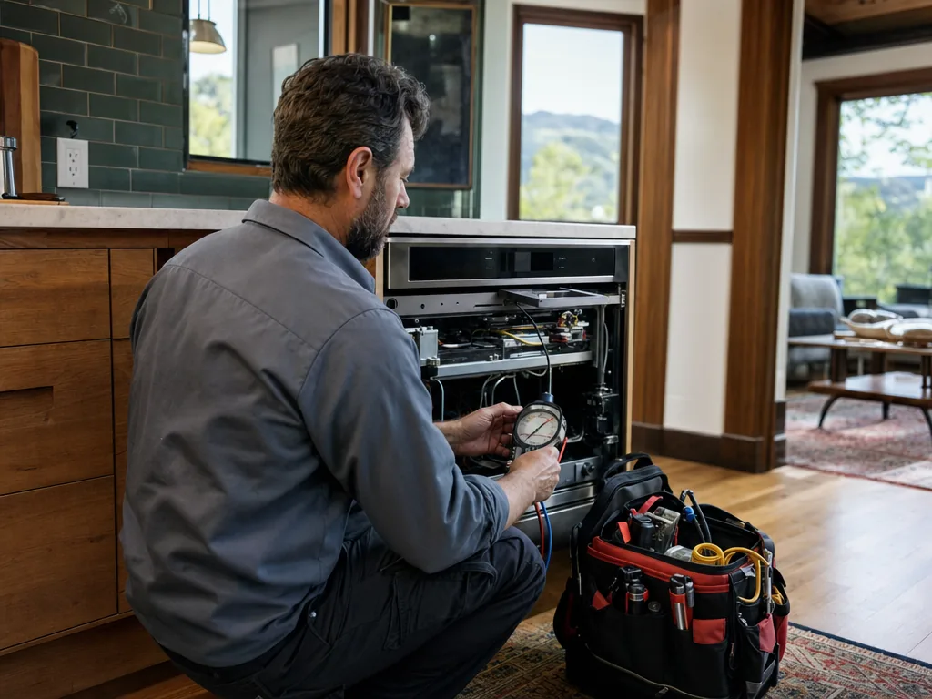 Technician servicing a kitchen appliance in a Golden, Colorado home