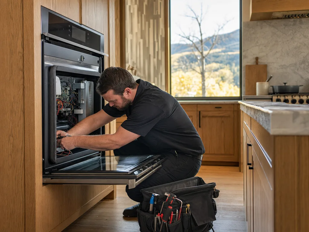 Technician servicing a kitchen appliance in a Greenwood Village, Colorado home