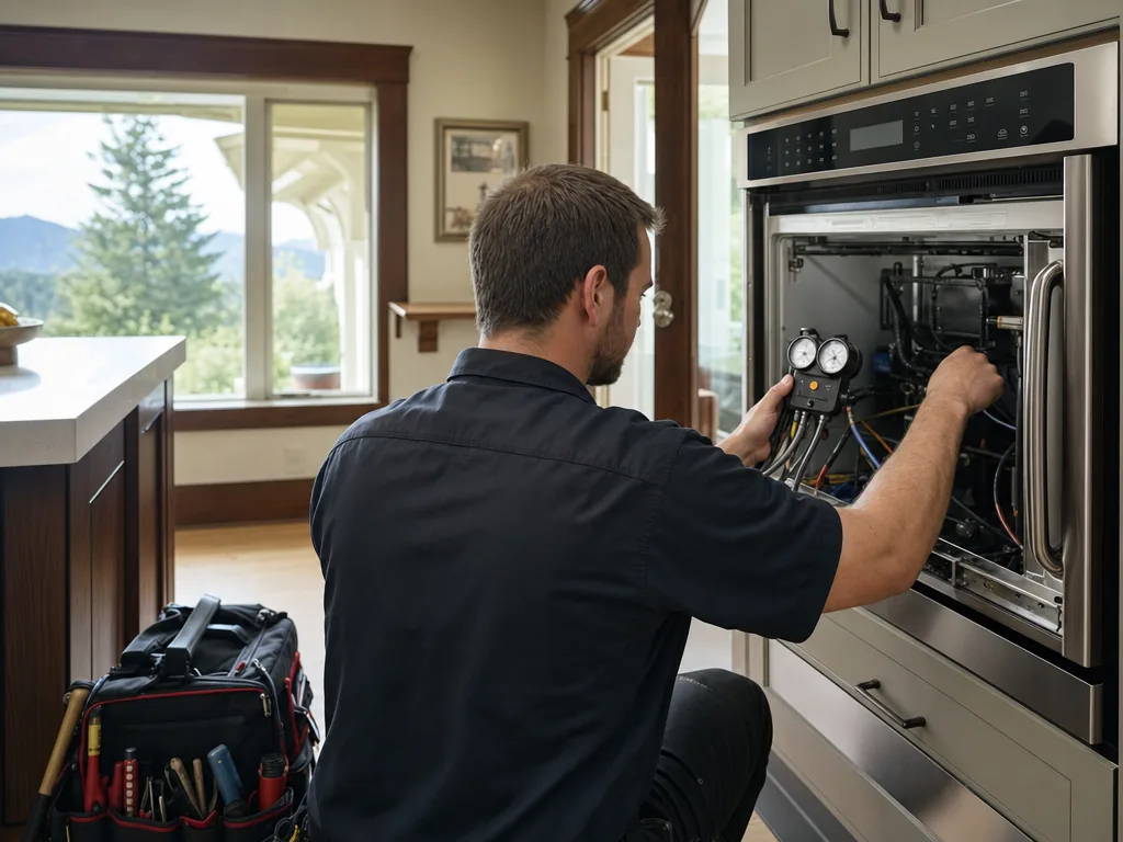 Technician servicing a kitchen appliance in a Highlands Ranch, Colorado home