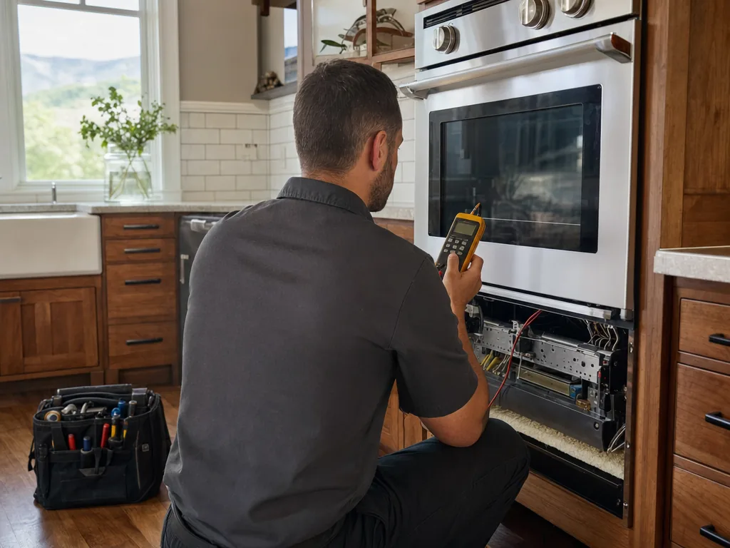 Technician servicing a kitchen appliance in a Ken Caryl, Colorado home