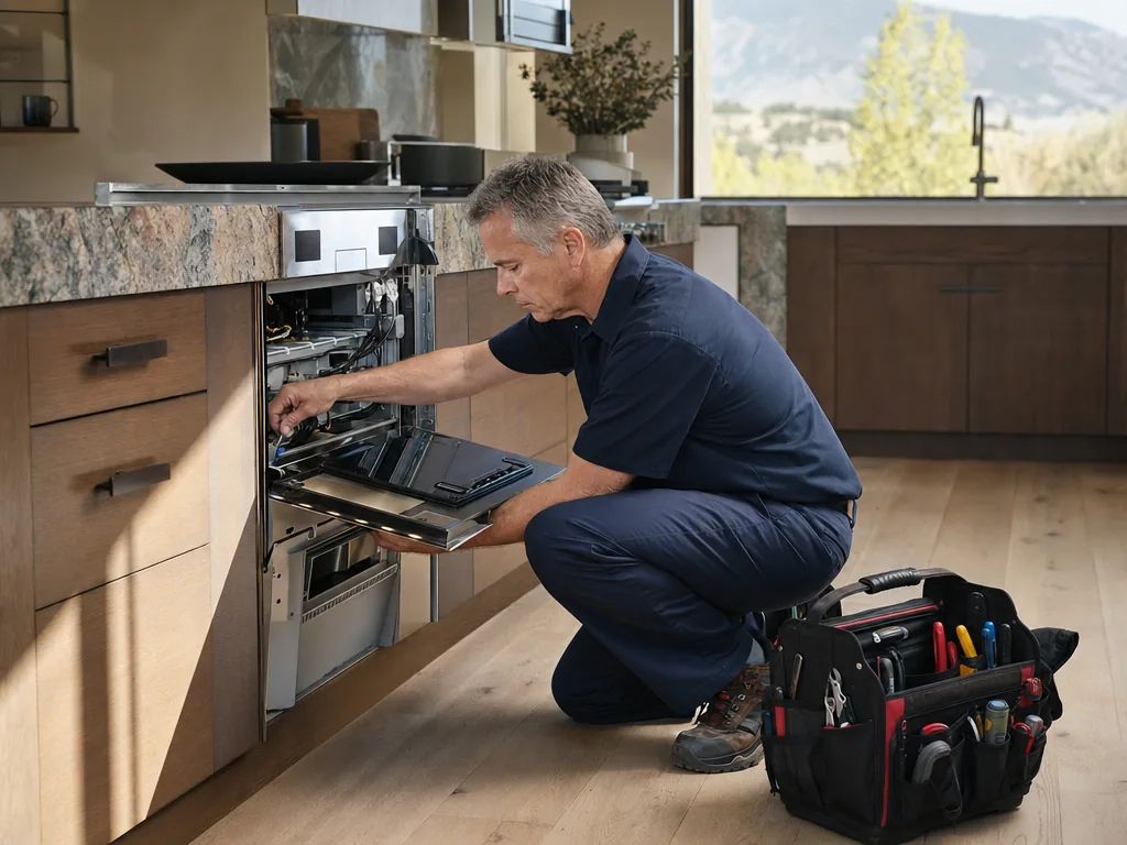 Technician servicing a kitchen appliance in a Lakewood, Colorado home