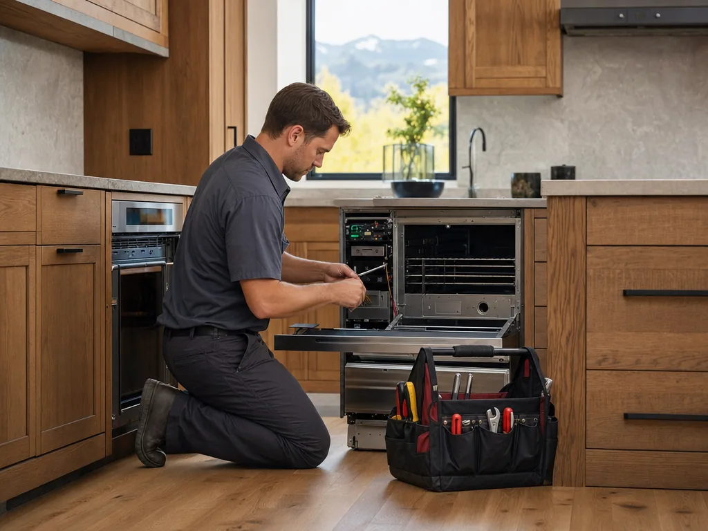 Technician servicing a kitchen appliance in a Littleton, Colorado home