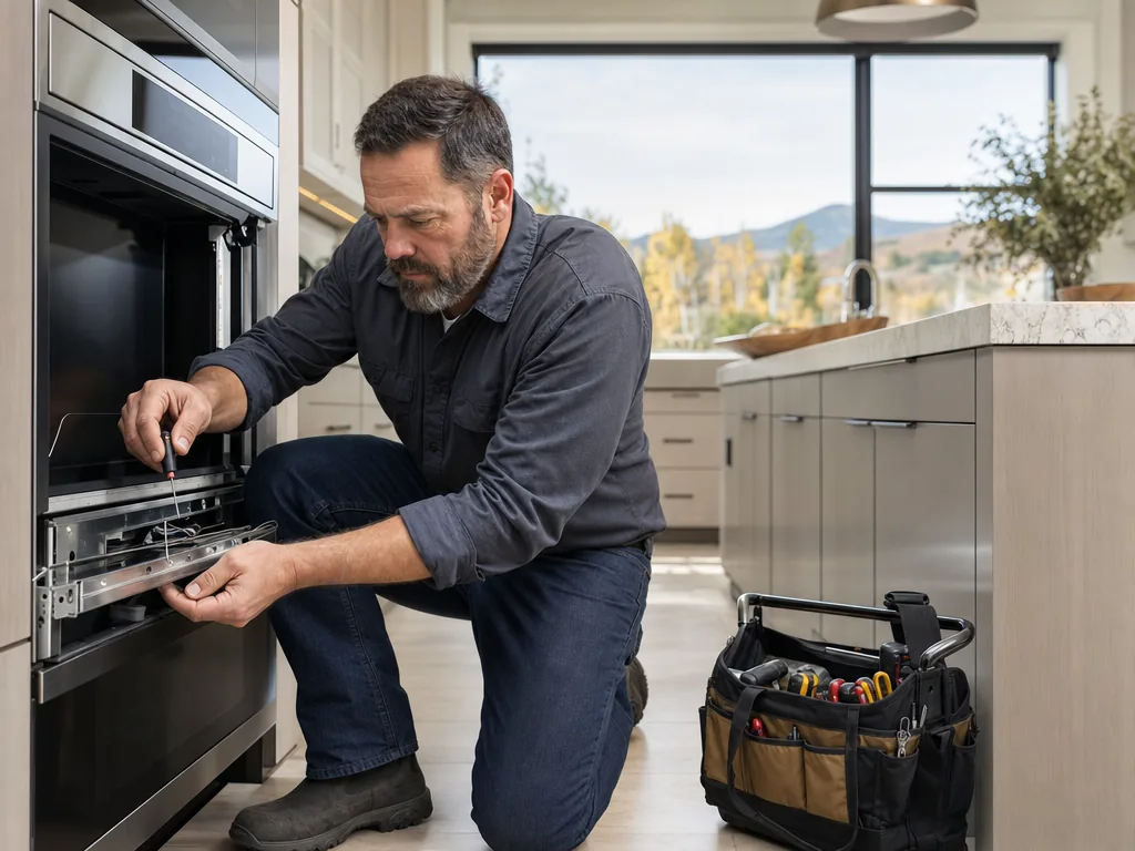 Technician servicing a kitchen appliance in a Lone Tree, Colorado home