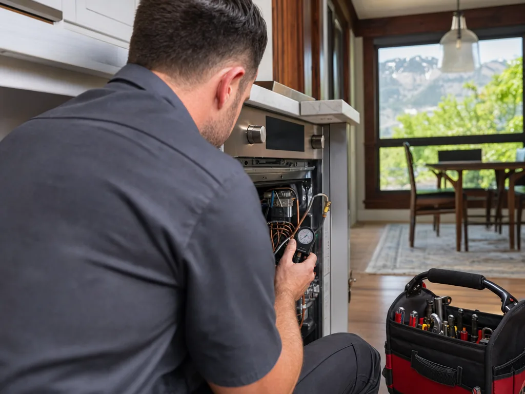 Technician servicing a kitchen appliance in a Longmont, Colorado home