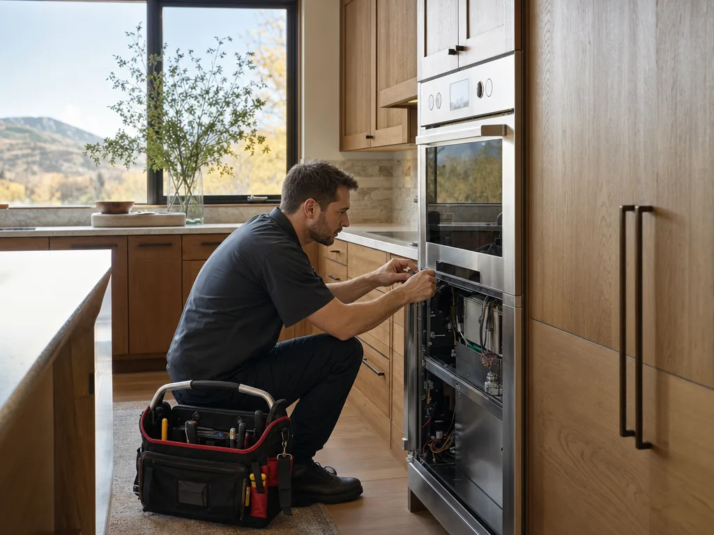 Technician servicing a kitchen appliance in a Louisville, Colorado home