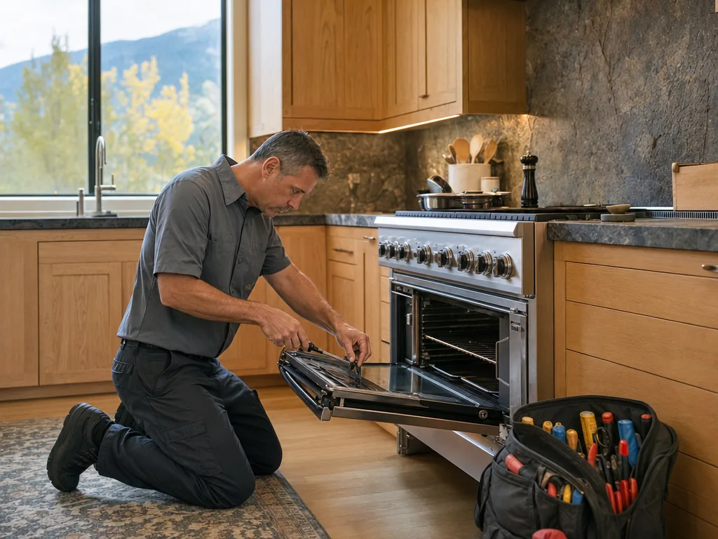 Technician servicing a kitchen appliance in a Niwot, Colorado home