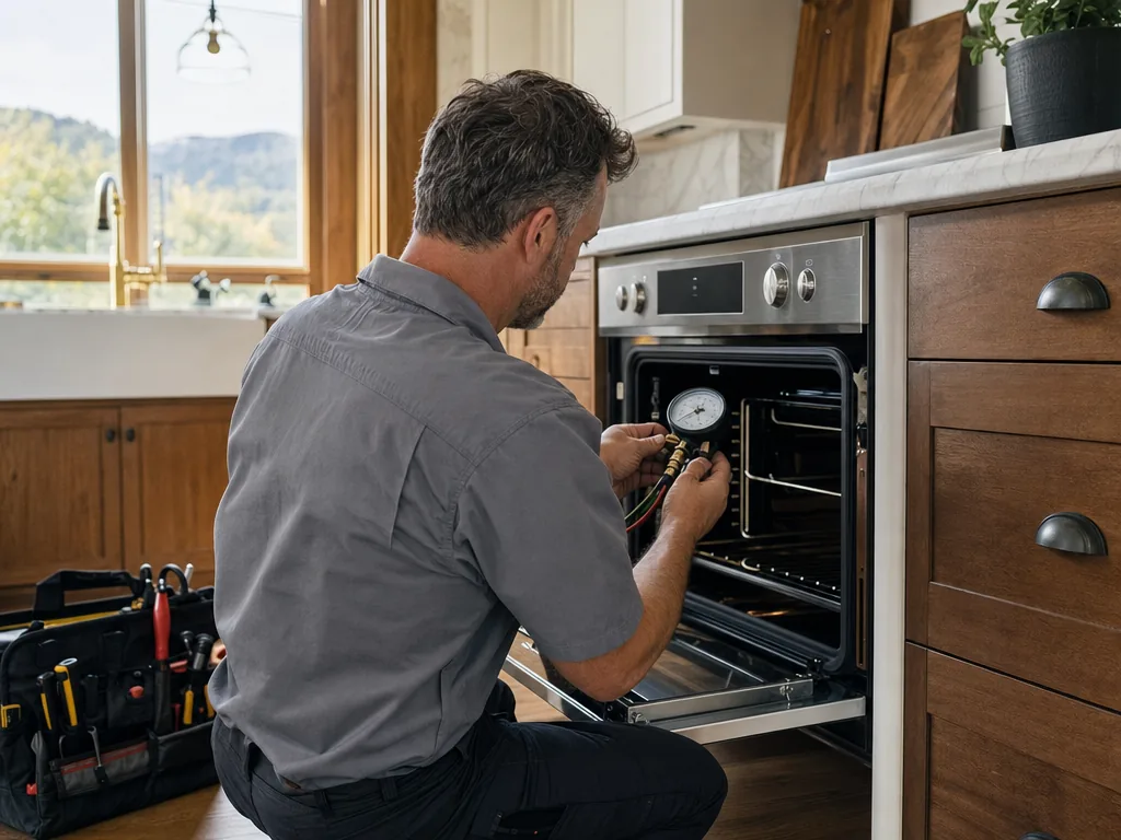 Technician servicing a kitchen appliance in a Parker, Colorado home