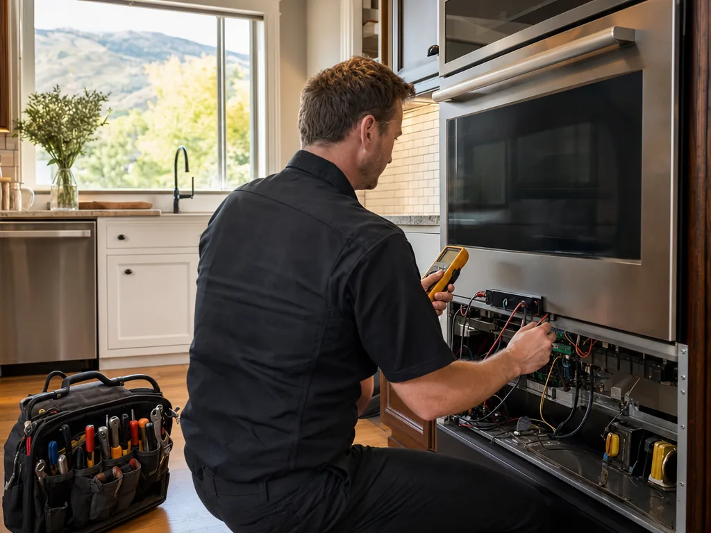 Technician servicing a kitchen appliance in a Superior, Colorado home
