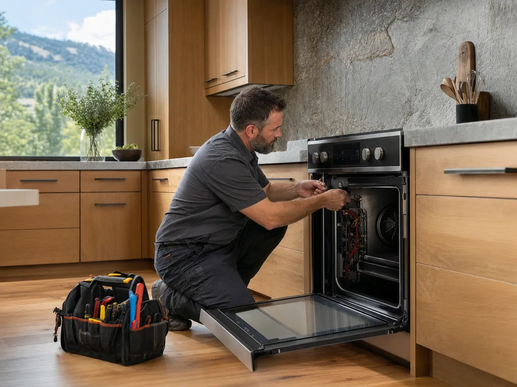 Technician servicing a kitchen appliance in a Westminster, Colorado home