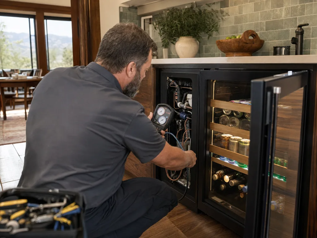 Technician repairing a built-in beverage center in a Denver kitchen