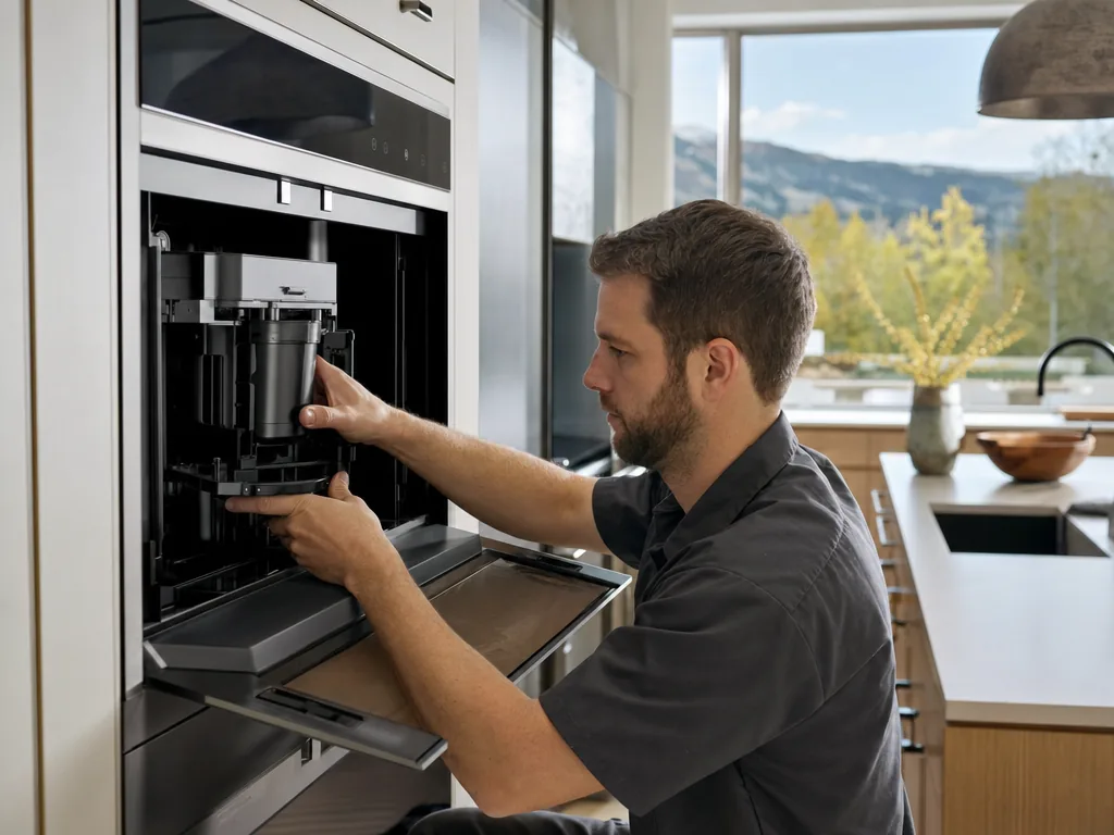 Technician repairing a built-in coffee system in a Denver kitchen