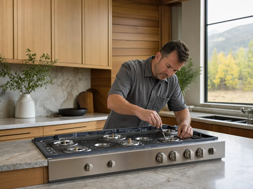 Technician repairing a built-in cooktop in a Denver kitchen