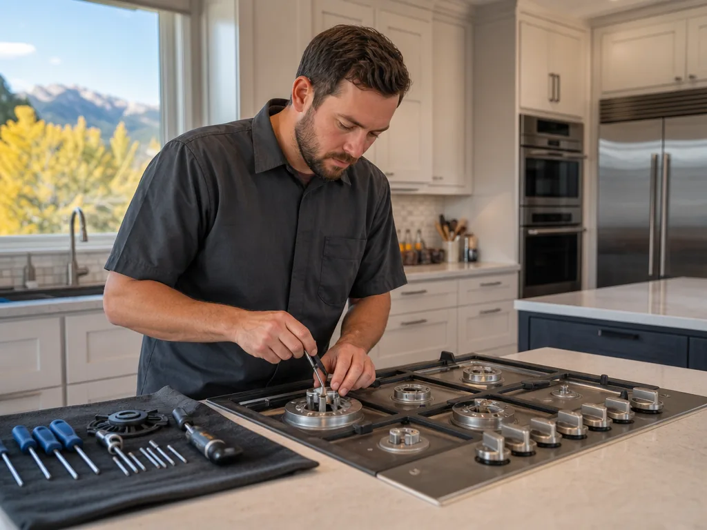 Cooktop opened for repair in a Denver kitchen