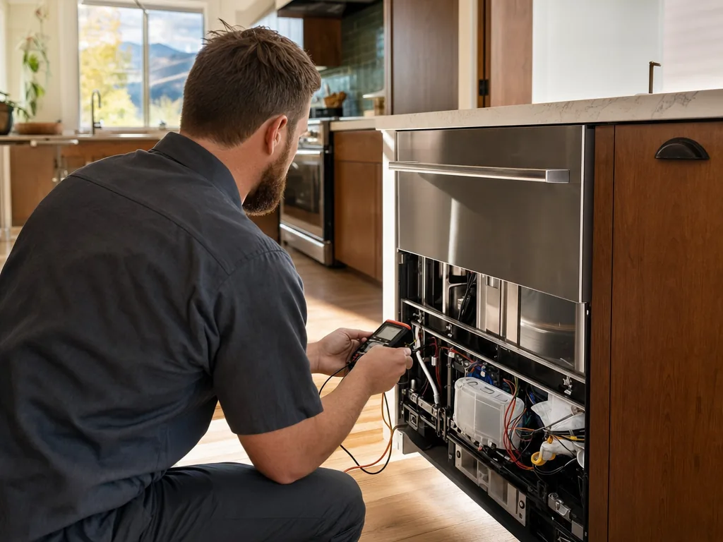Technician repairing a built-in dishwasher in a Denver kitchen