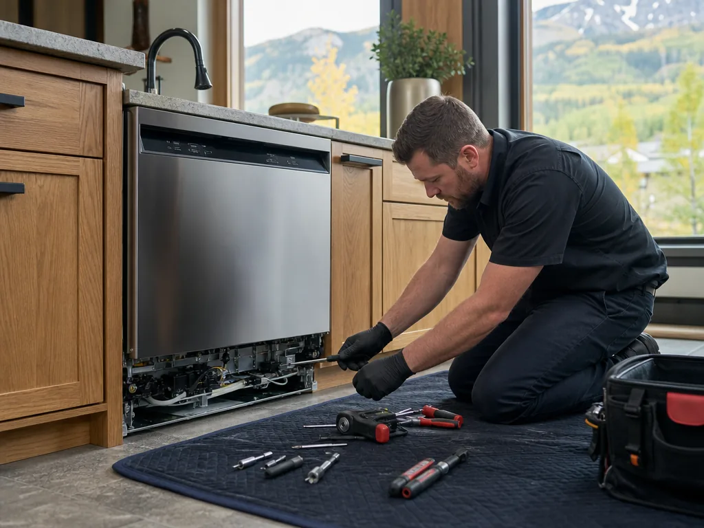 Dishwasher opened for repair in a Denver kitchen