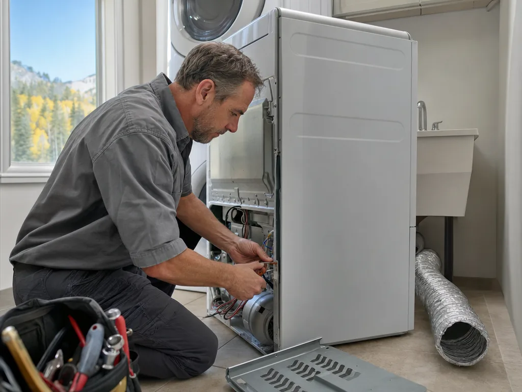 Technician repairing a dryer in a Denver laundry room