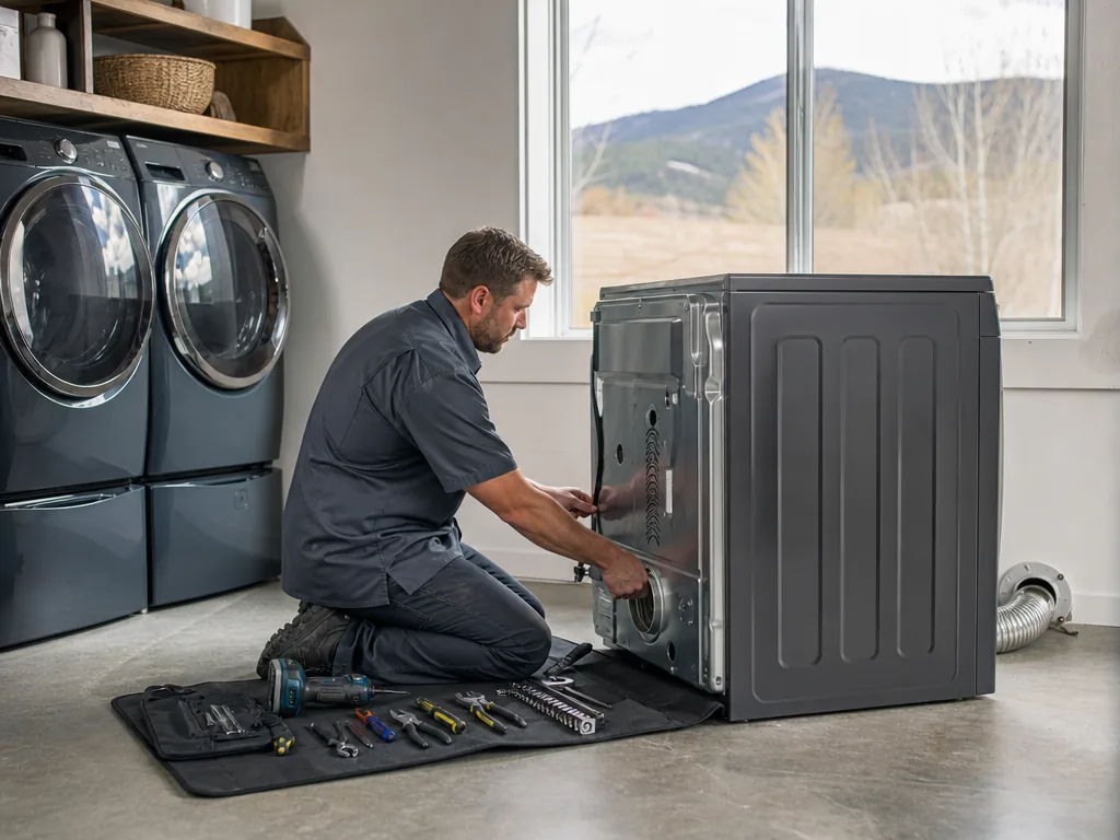 Dryer opened for repair in a Denver laundry room