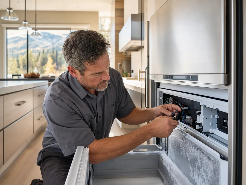 Technician repairing a built-in freezer in a Denver kitchen