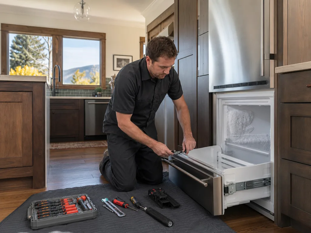 Freezer opened for repair in a Denver kitchen