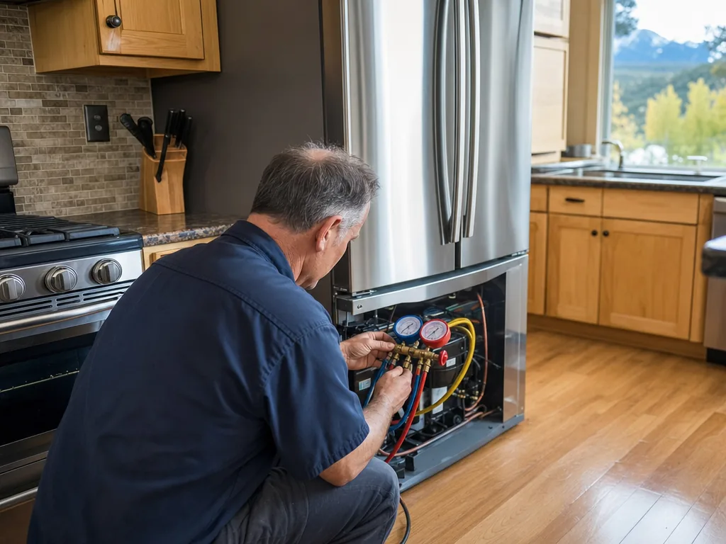Technician servicing a GE appliance in a Denver home
