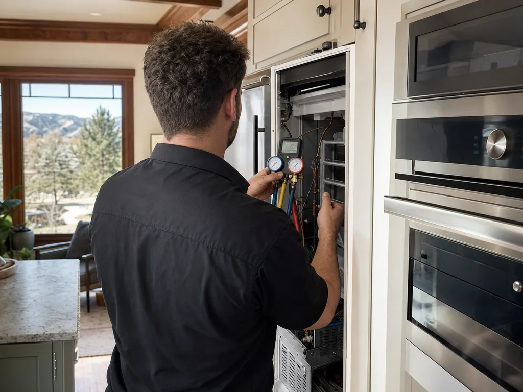 Technician servicing a GE Monogram appliance in a Denver home