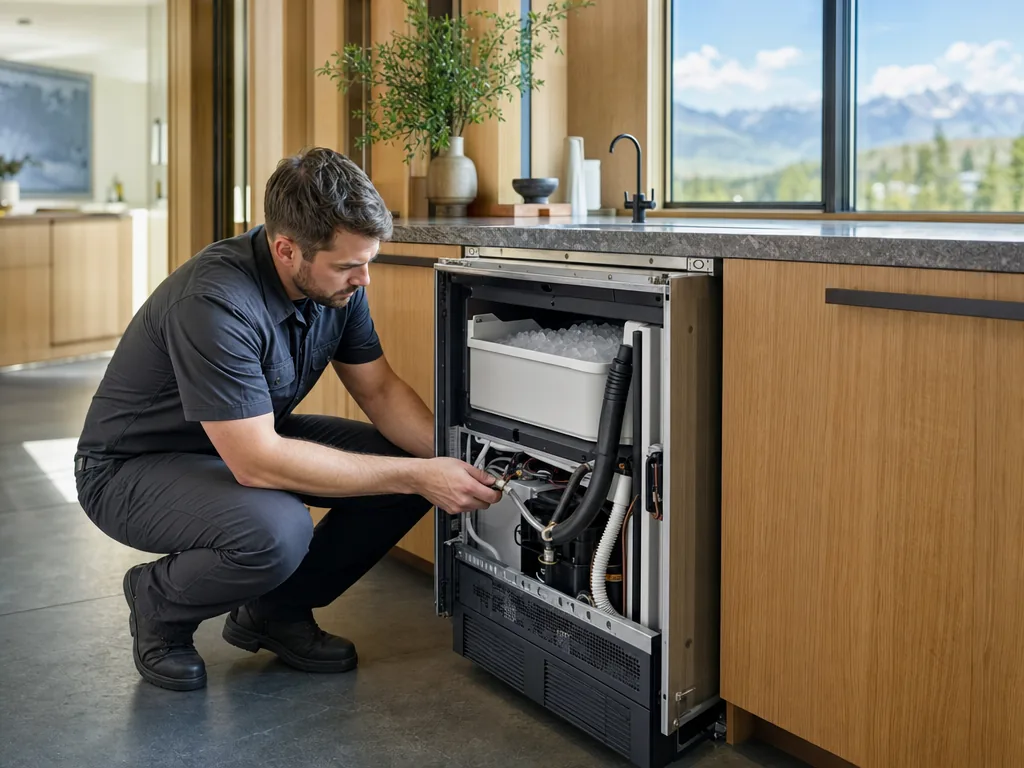 Technician repairing a built-in ice maker in a Denver kitchen
