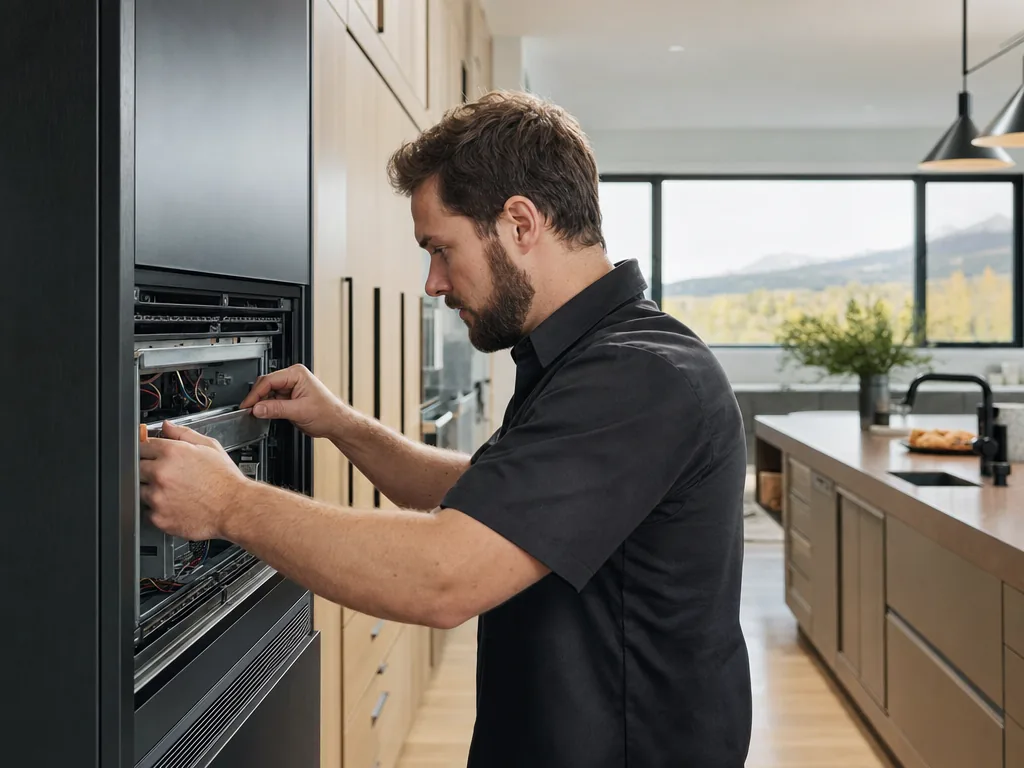 Technician servicing a JennAir appliance in a Denver home