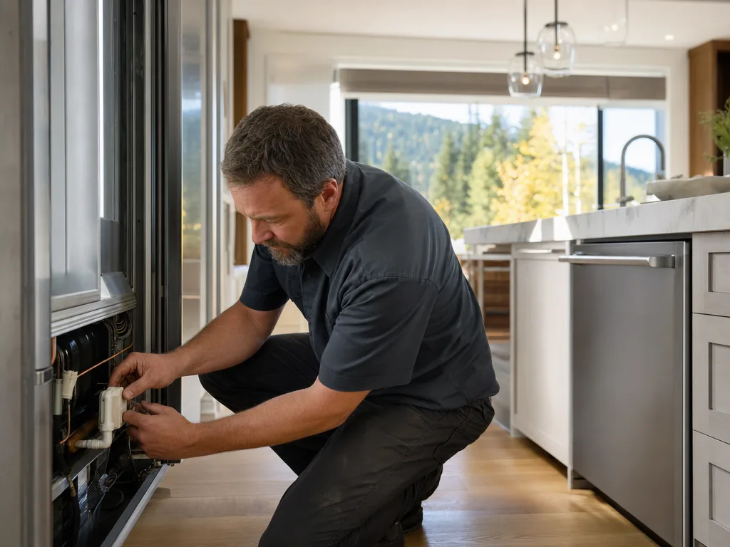 Technician servicing a KitchenAid appliance in a Denver home