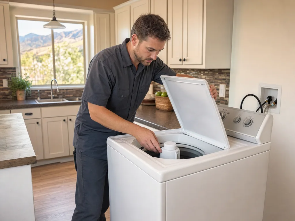 Technician servicing a Maytag appliance in a Denver home