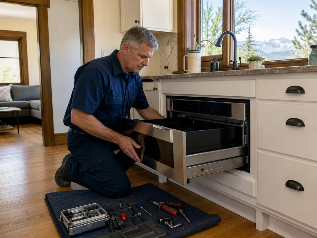 Microwave opened for repair in a Denver kitchen