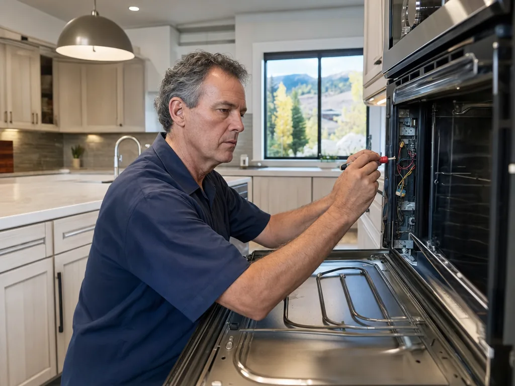 Technician repairing a built-in oven in a Denver kitchen