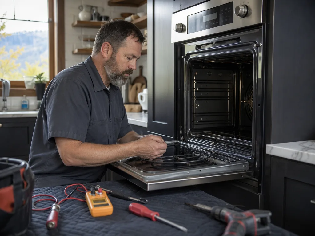 Oven opened for repair in a Denver kitchen