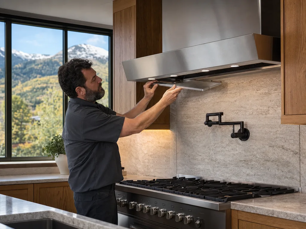 Technician repairing a built-in range hood in a Denver kitchen