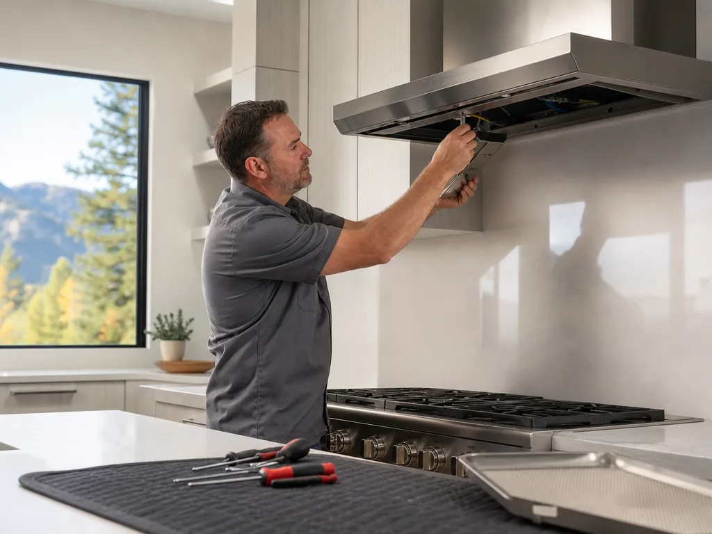 Range Hood opened for repair in a Denver kitchen