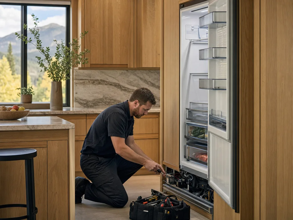 Technician repairing a built-in refrigerator in a Denver kitchen