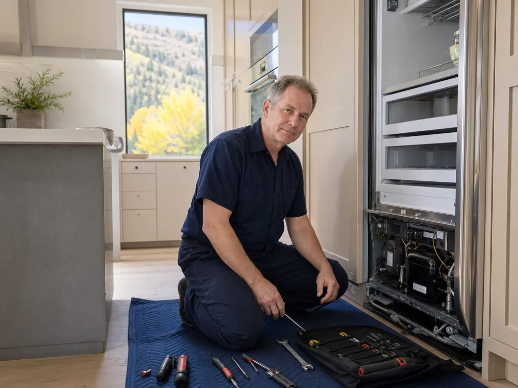 Refrigerator opened for repair in a Denver kitchen