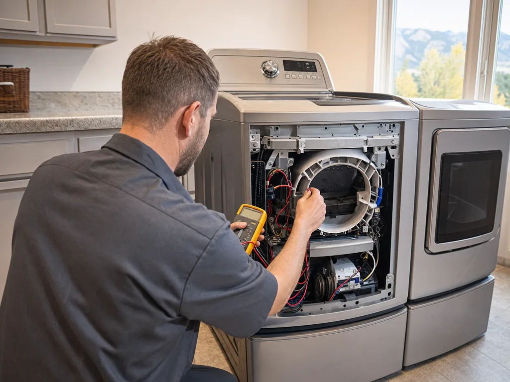 Technician servicing a Speed Queen washer in a Denver laundry room